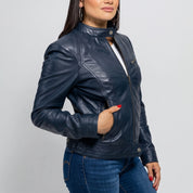 Women's Dark Blue Leather Cafe Racer Jacket — Ashbrooke