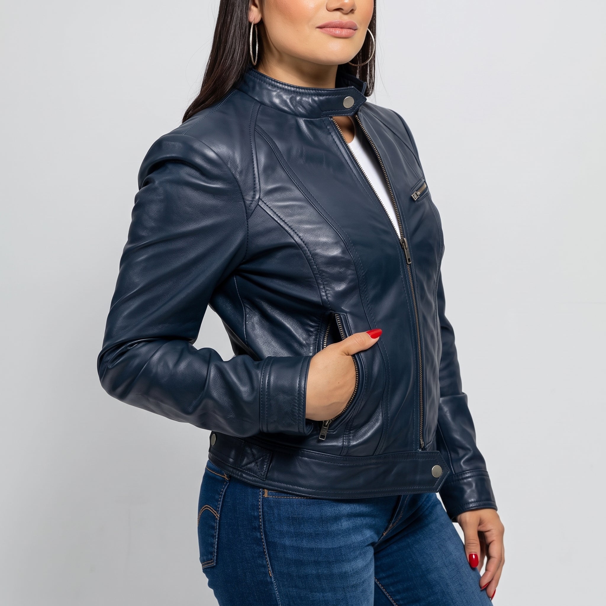 Women's Dark Blue Leather Cafe Racer Jacket — Ashbrooke