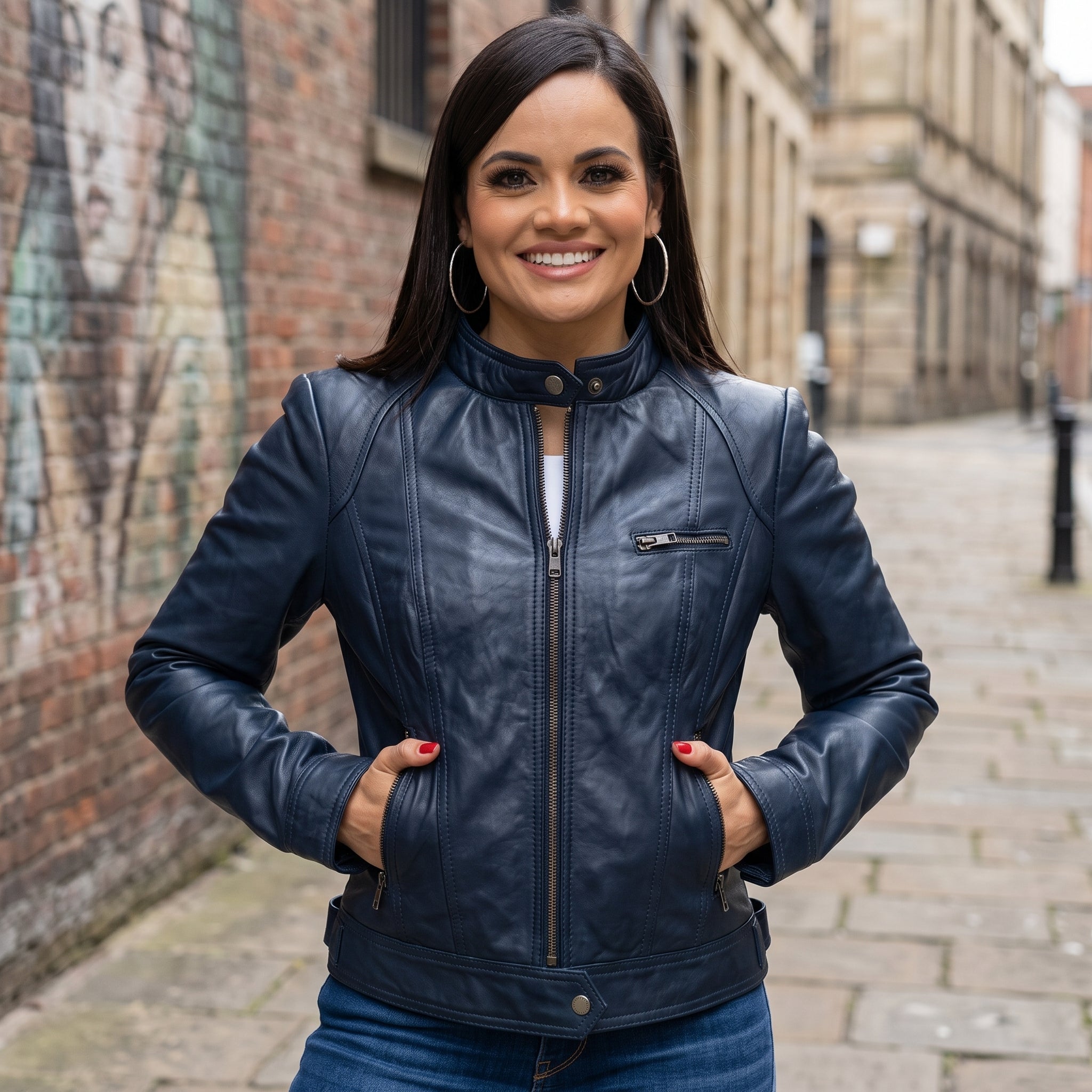 Women's Dark Blue Leather Cafe Racer Jacket — Ashbrooke