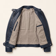 Women's Dark Blue Leather Cafe Racer Jacket — Ashbrooke