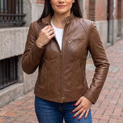 Women's Brown Leather Cafe Racer Jacket — Stubbington