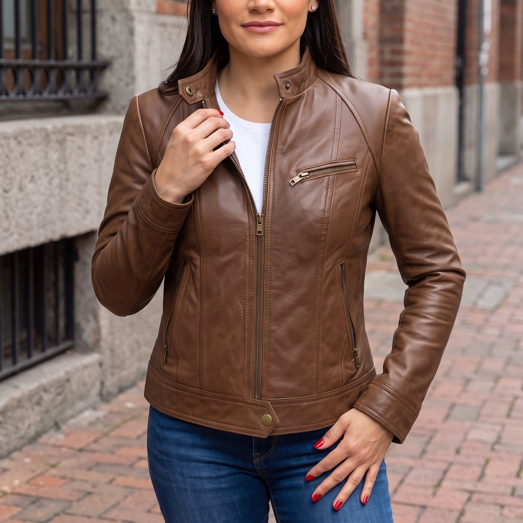 Women's Brown Leather Cafe Racer Jacket — Stubbington