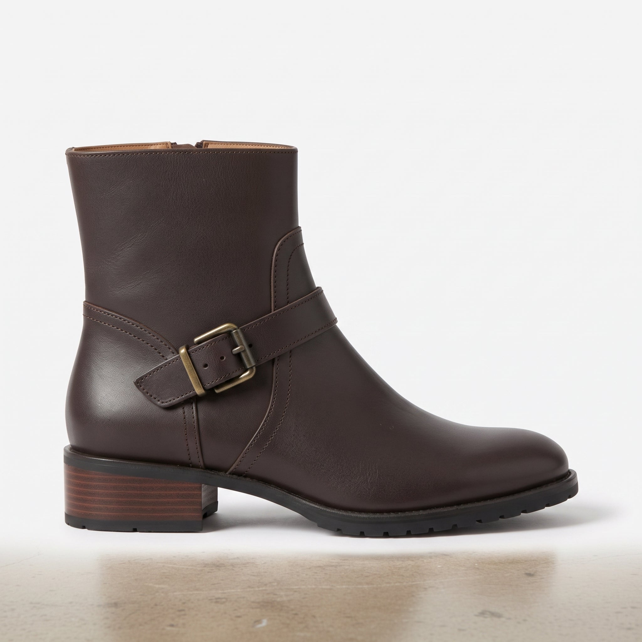Women's Dark Brown Plain-Toe Leather Biker Ankle Boots — Windham — Windham