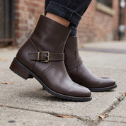 Women's Dark Brown Plain-Toe Leather Biker Ankle Boots — Windham — Windham