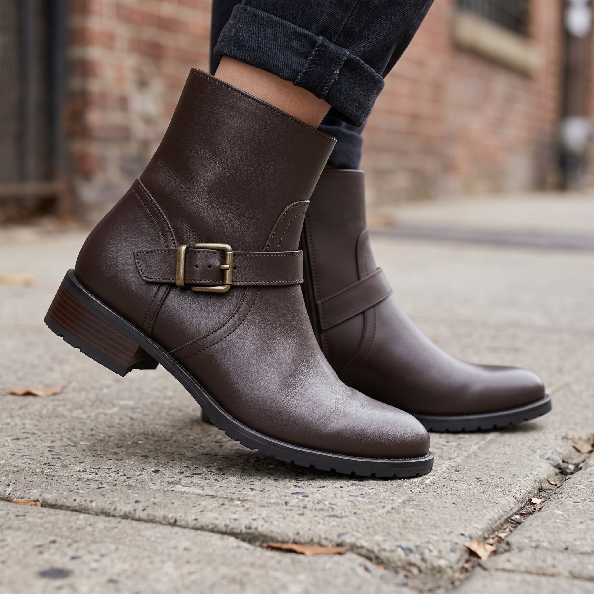 Women's Dark Brown Plain-Toe Leather Biker Ankle Boots — Windham — Windham