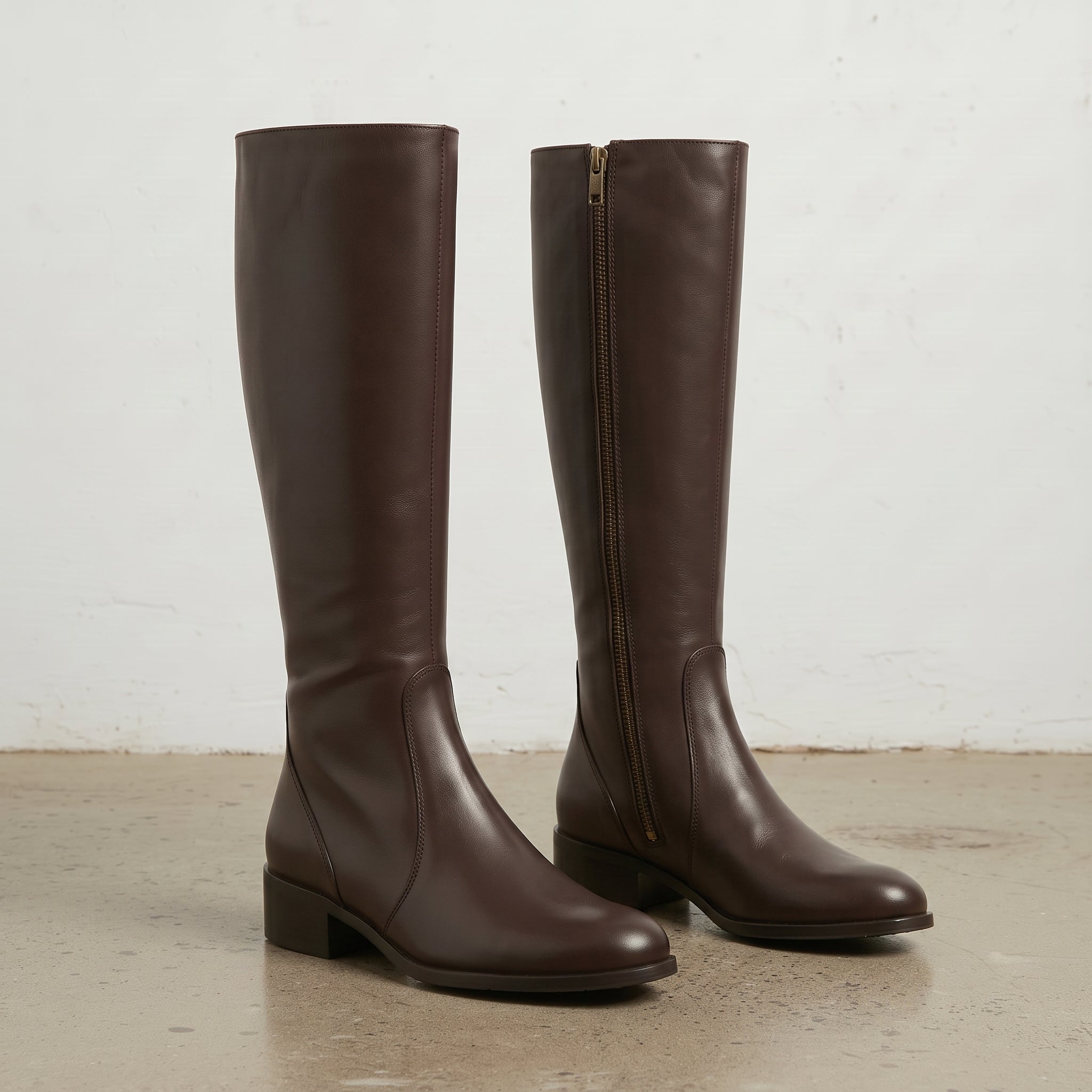Women's Dark Brown Plain-Toe Leather Knee-High Boots — Brierley