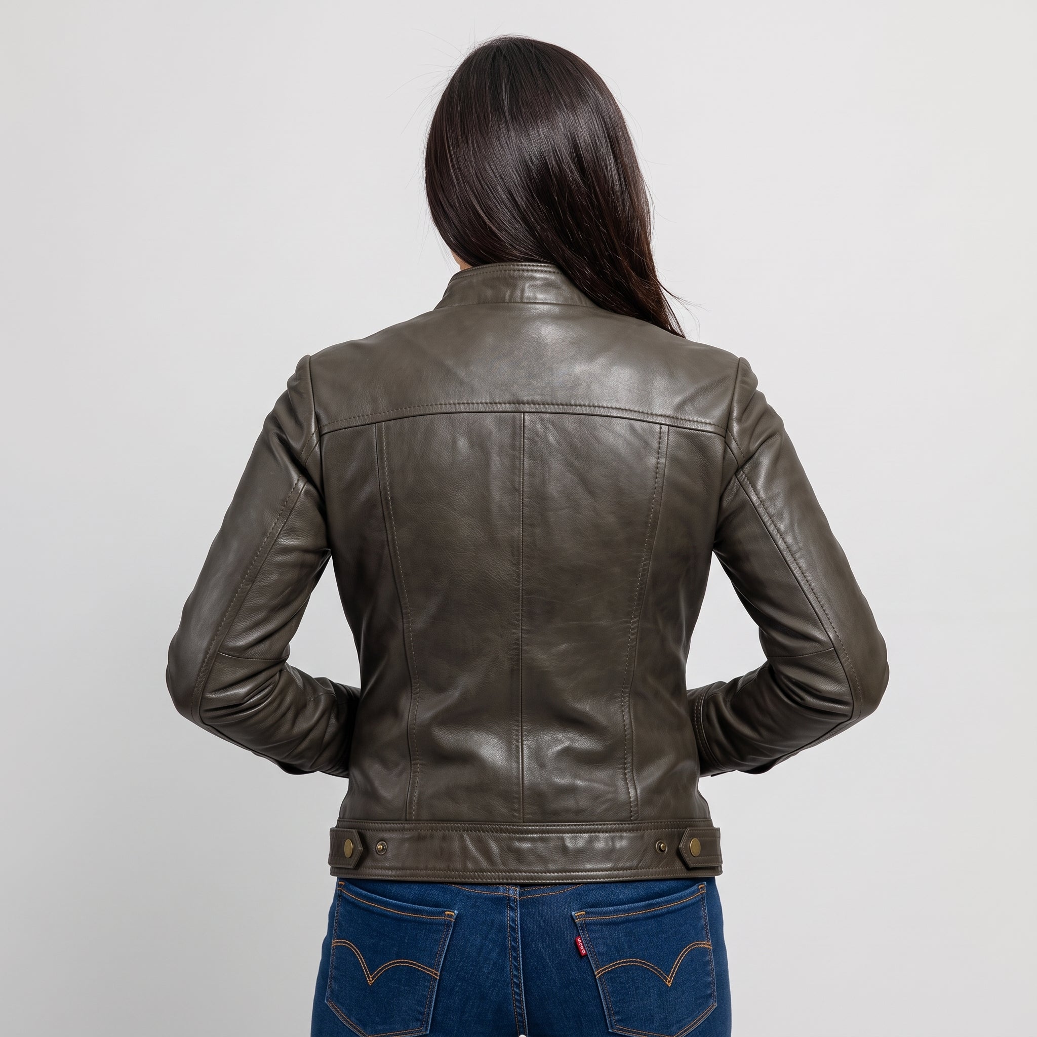 Women's Dark Green Leather Cafe Racer Jacket — Stubbington