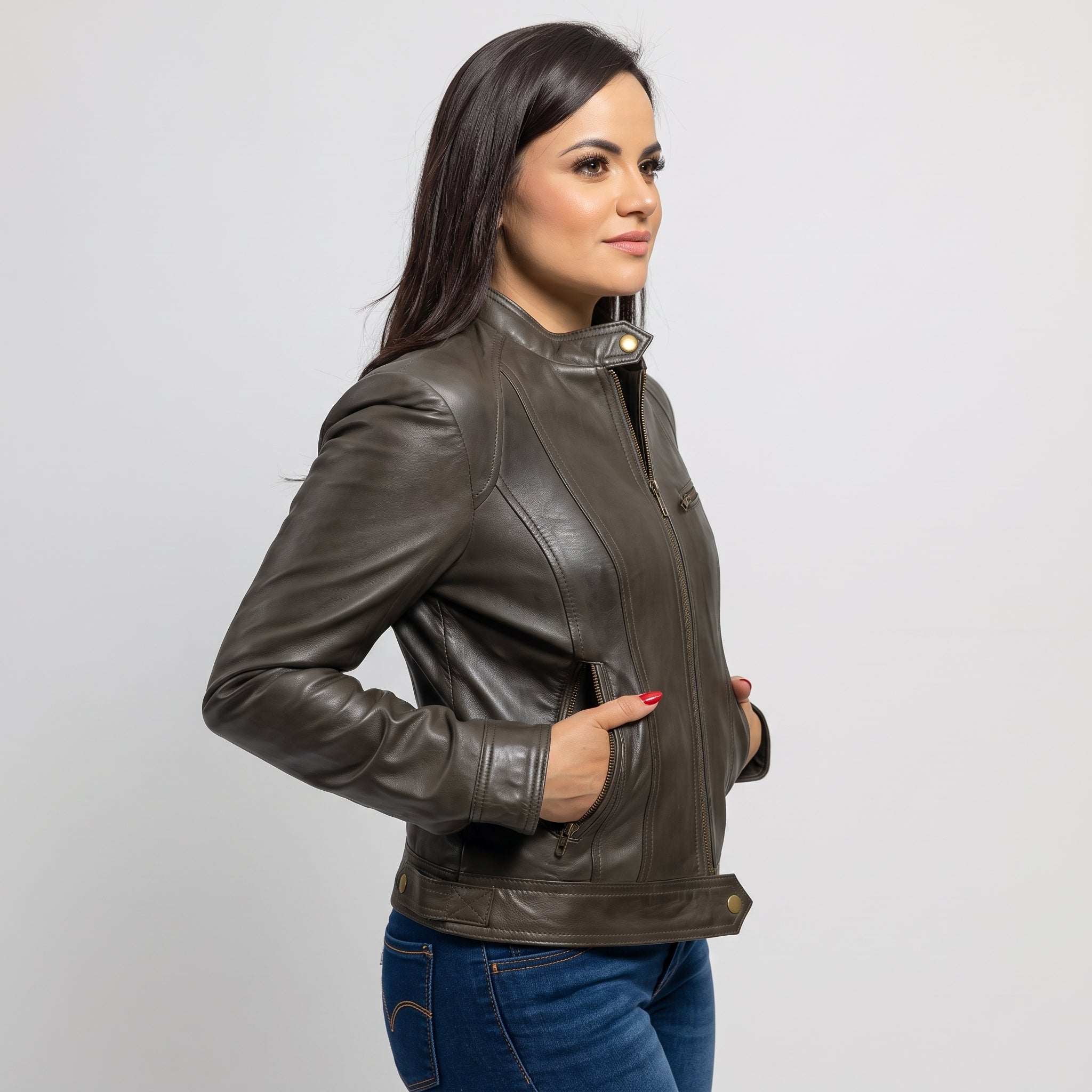 Women's Dark Green Leather Cafe Racer Jacket — Stubbington