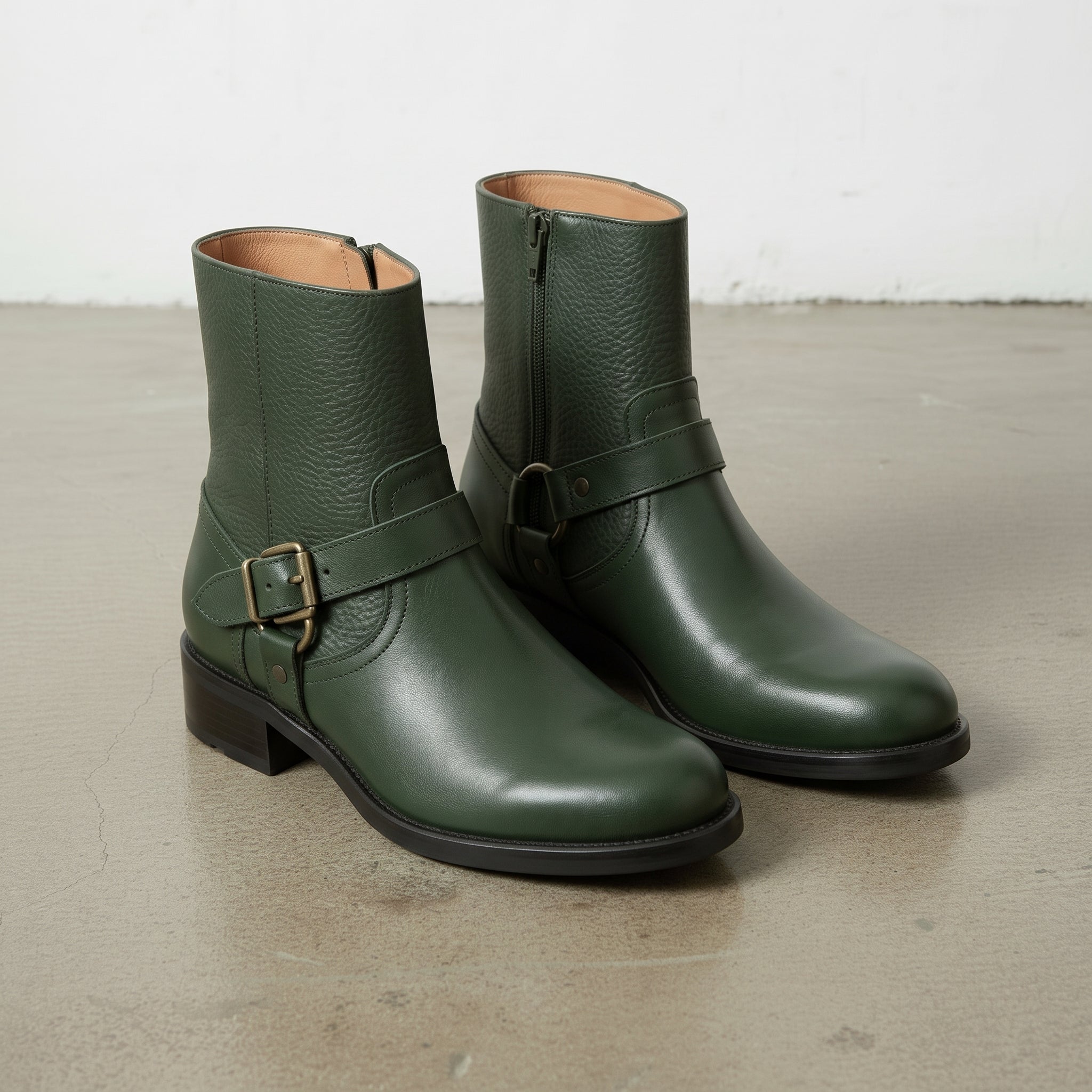 Women's Dark Green Pebbled Leather Biker Boots — Shipton