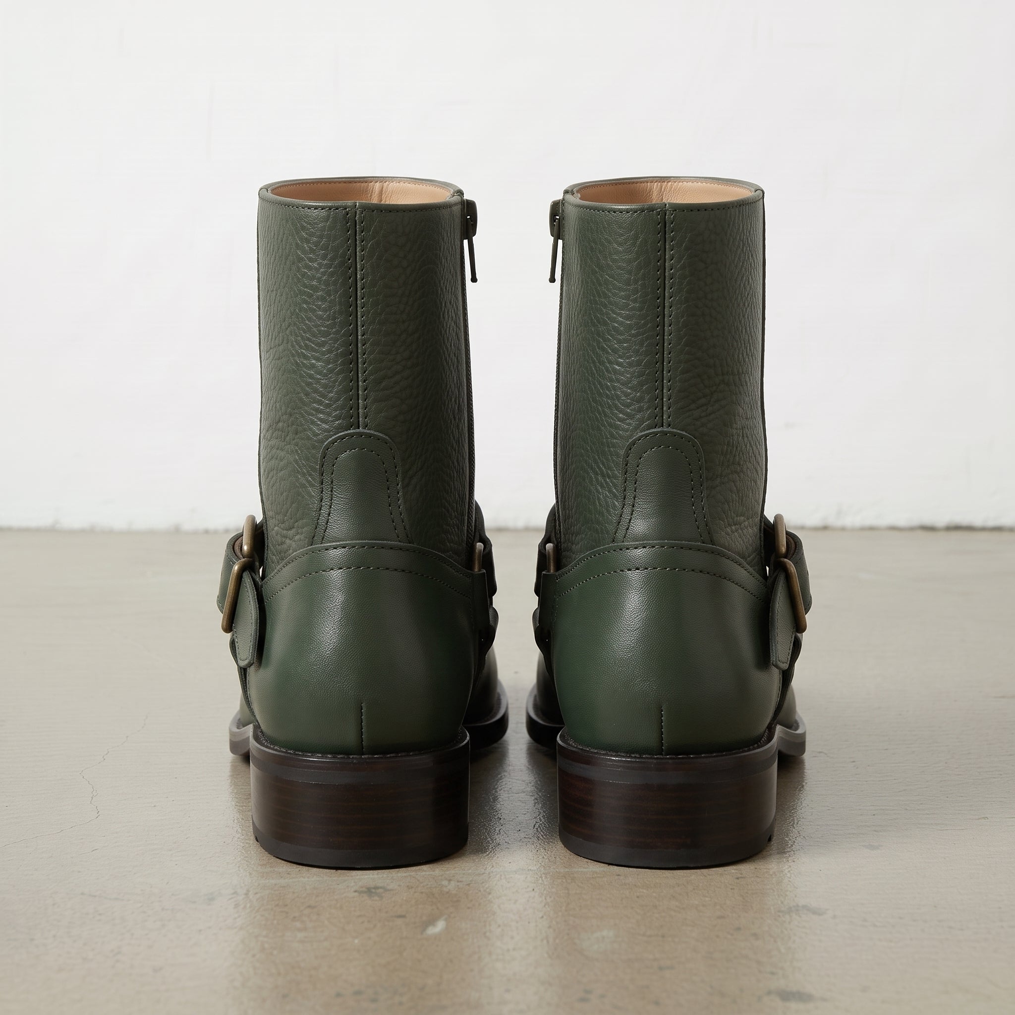 Women's Dark Green Pebbled Leather Biker Boots — Shipton