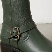 Women's Dark Green Pebbled Leather Biker Boots — Shipton