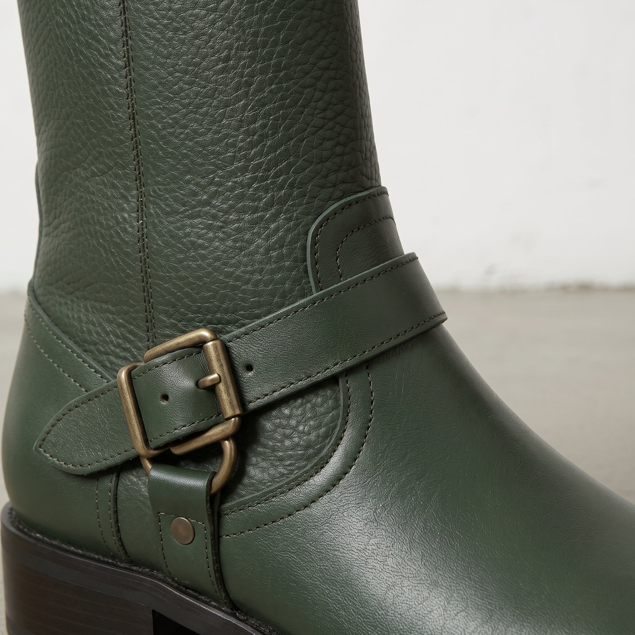 Women's Dark Green Pebbled Leather Biker Boots — Shipton