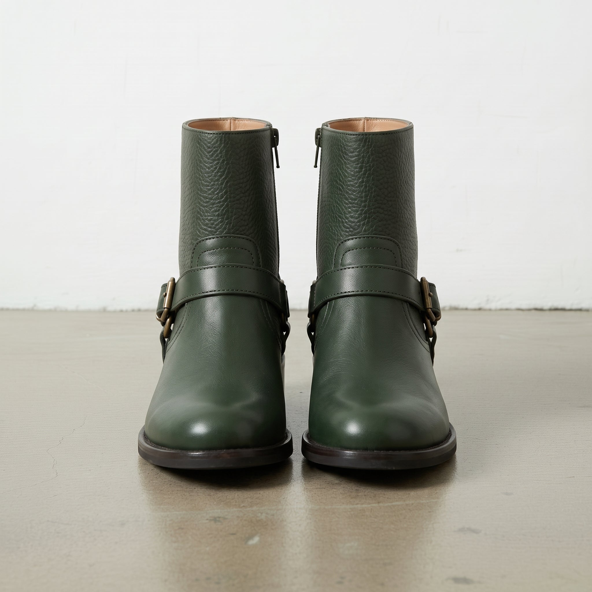 Women's Dark Green Pebbled Leather Biker Boots — Shipton
