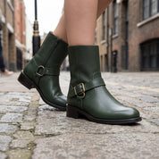 Women's Dark Green Pebbled Leather Biker Boots — Shipton