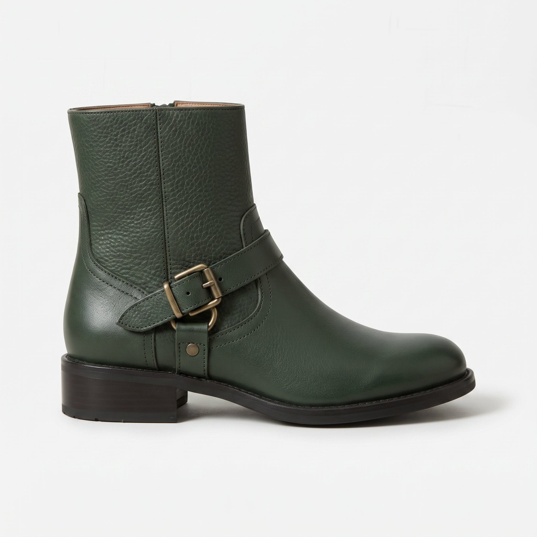 Women's Dark Green Pebbled Leather Biker Boots — Shipton