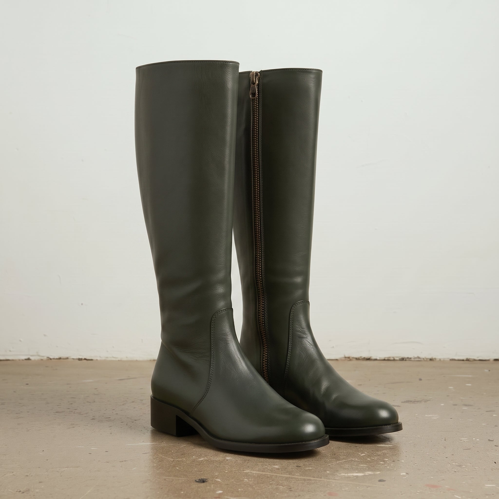 Women's Dark Green Plain-Toe Leather Knee-High Boots — Earle