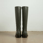 Women's Dark Green Plain-Toe Leather Knee-High Boots — Earle