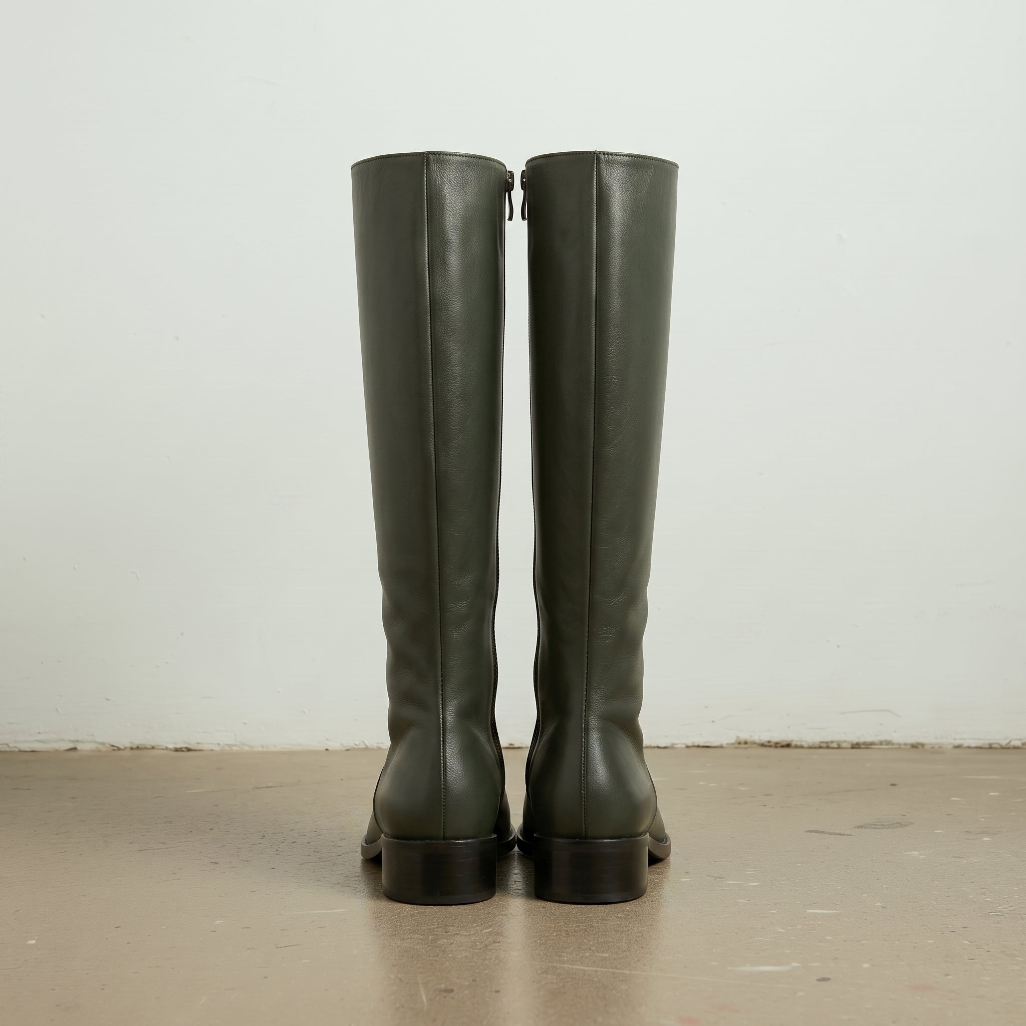 Women's Dark Green Plain-Toe Leather Knee-High Boots — Earle