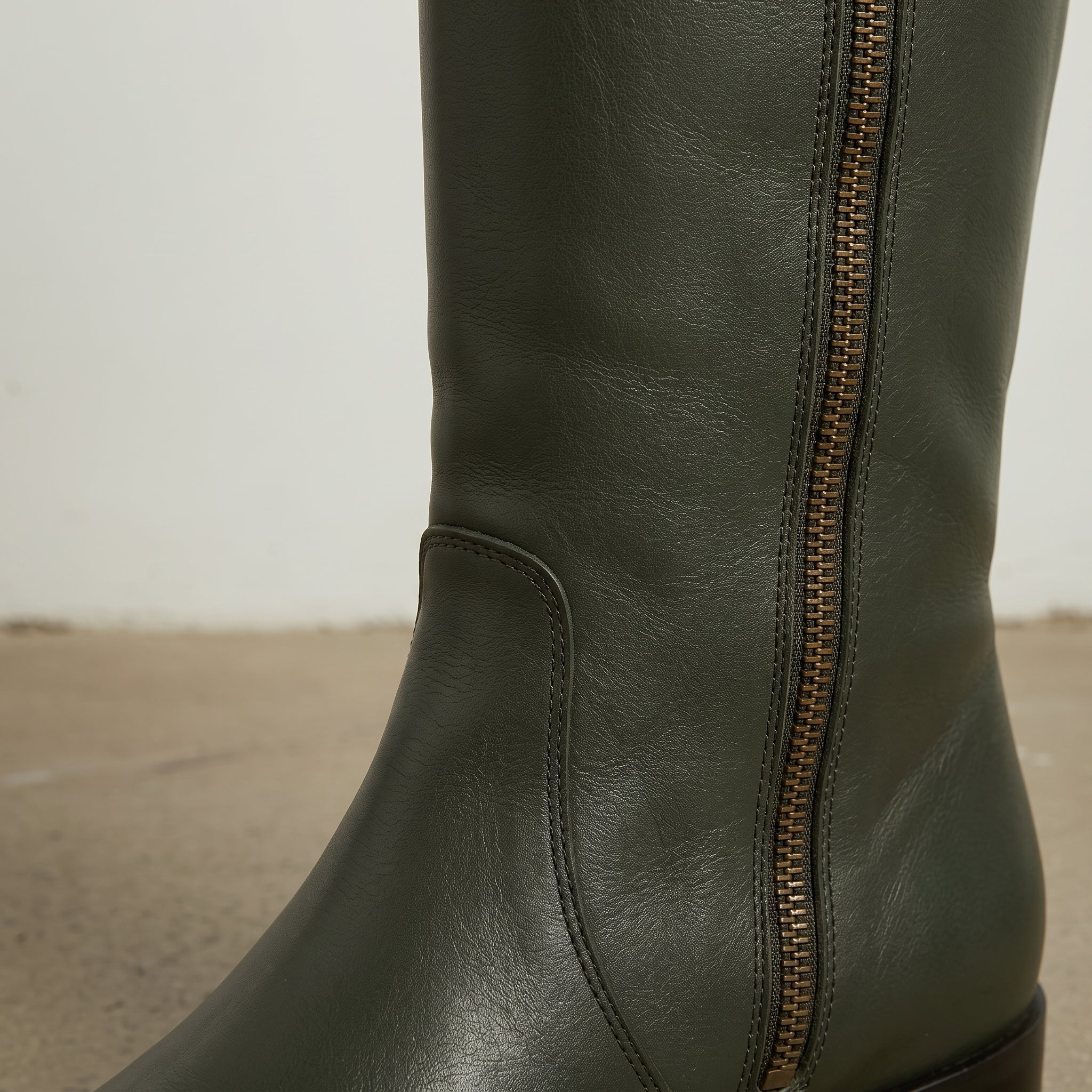 Women's Dark Green Plain-Toe Leather Knee-High Boots — Earle