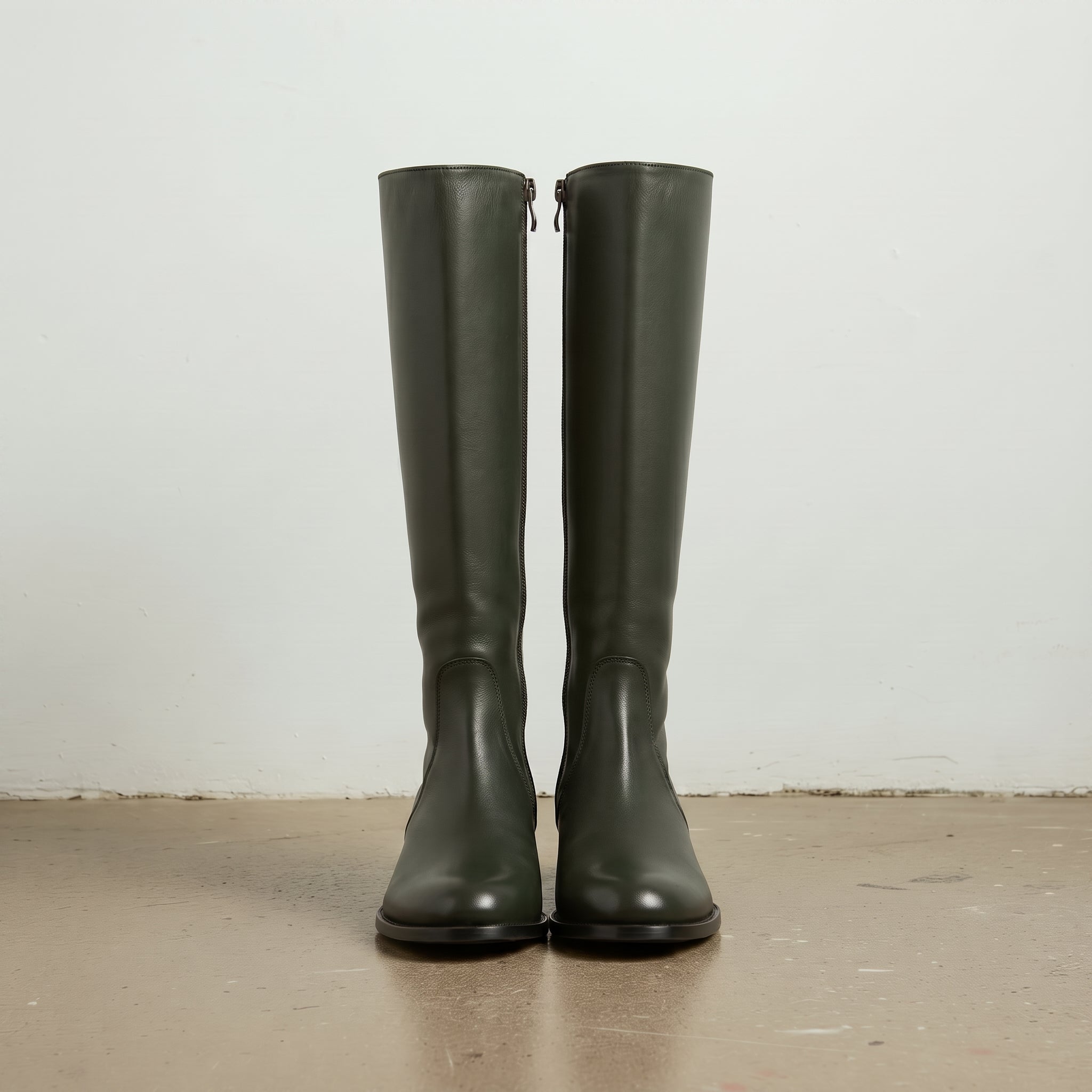 Women's Dark Green Plain-Toe Leather Knee-High Boots — Earle