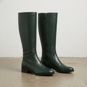 Women's Dark Green Plain-Toe Leather Knee-High Boots — Eckington