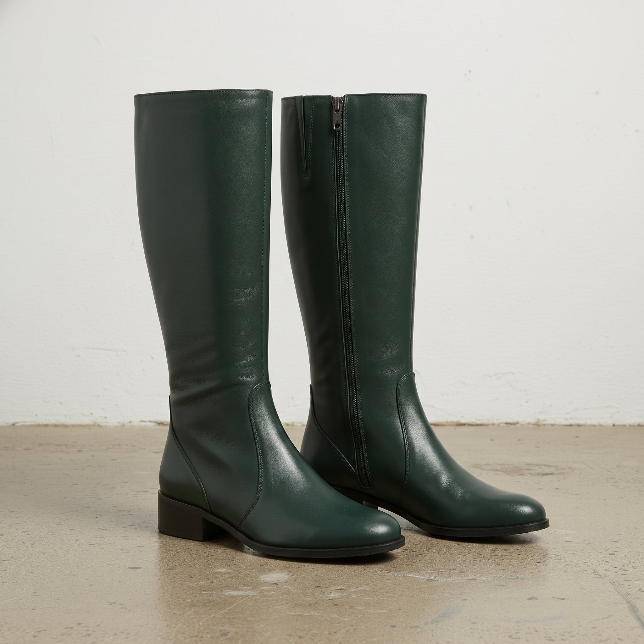 Women's Dark Green Plain-Toe Leather Knee-High Boots — Eckington