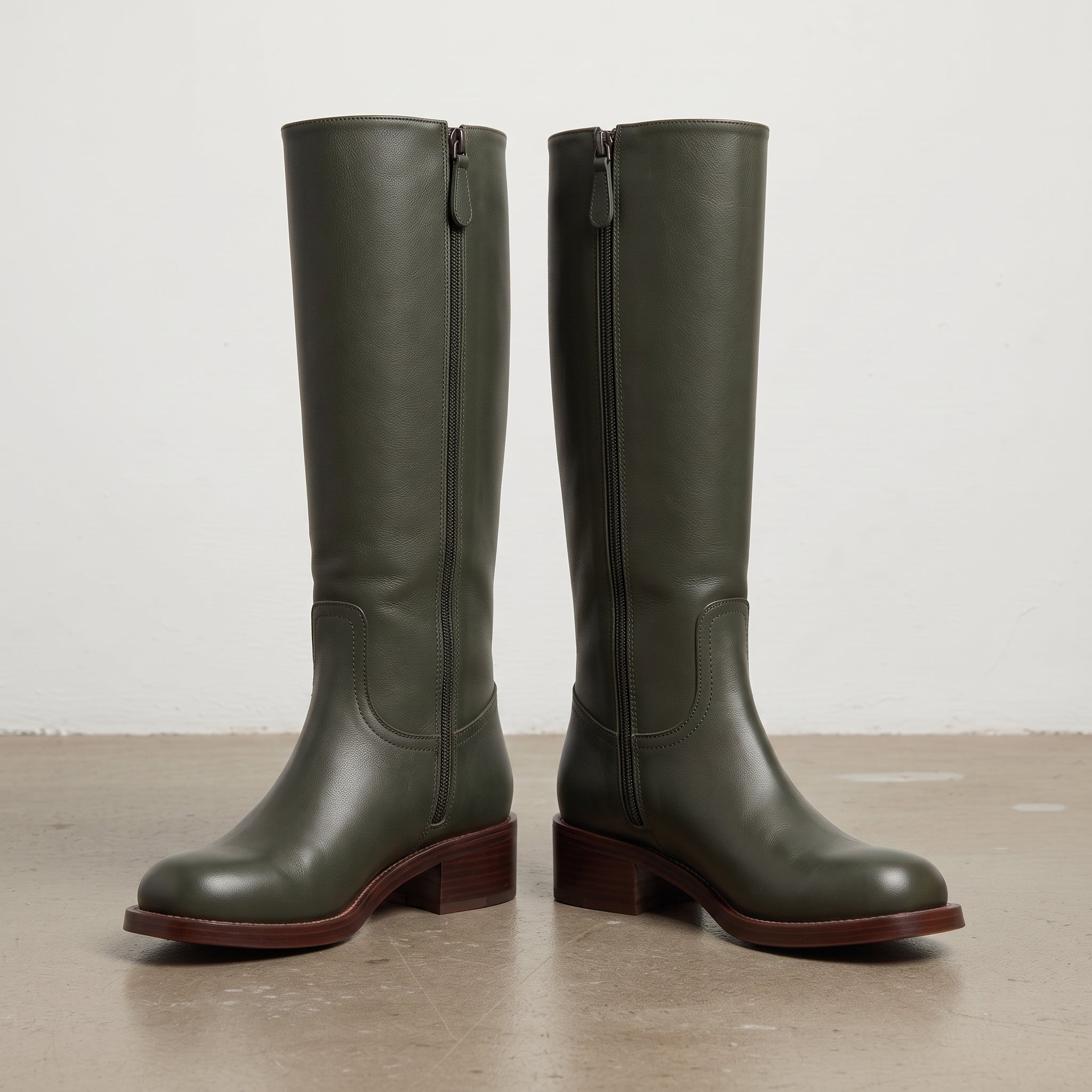 Women's Dark Green Plain-Toe Leather Knee-High Riding Boots — Bamford