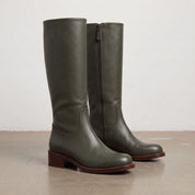 Women's Dark Green Plain-Toe Leather Knee-High Riding Boots — Bamford