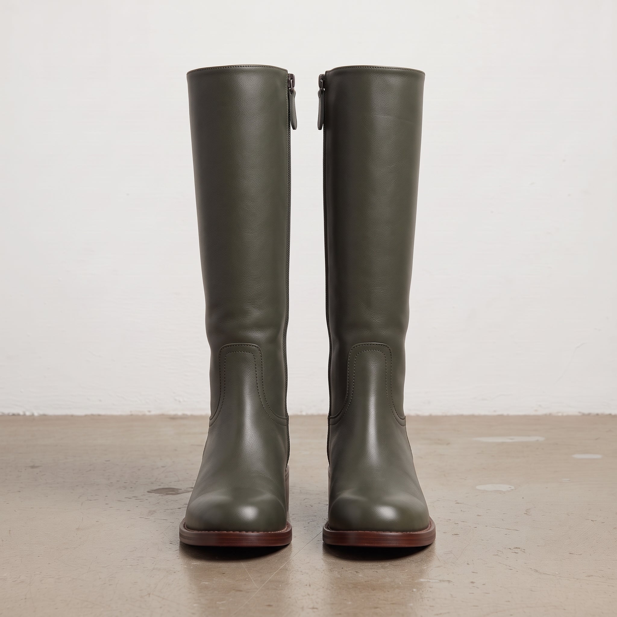 Women's Dark Green Plain-Toe Leather Knee-High Riding Boots — Bamford