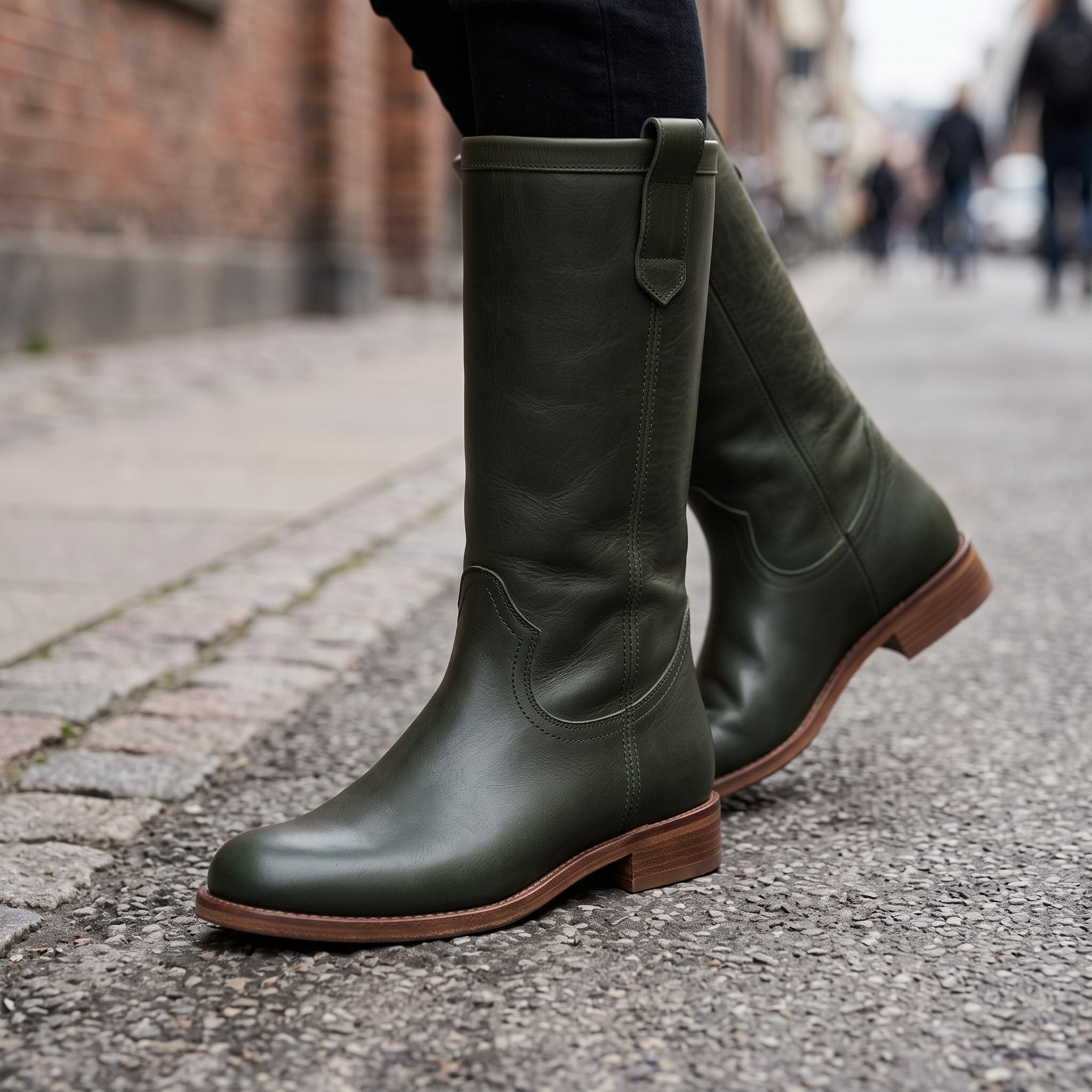 Women's Dark Green Round-Toe Leather Knee-High Western Boots — Bolden