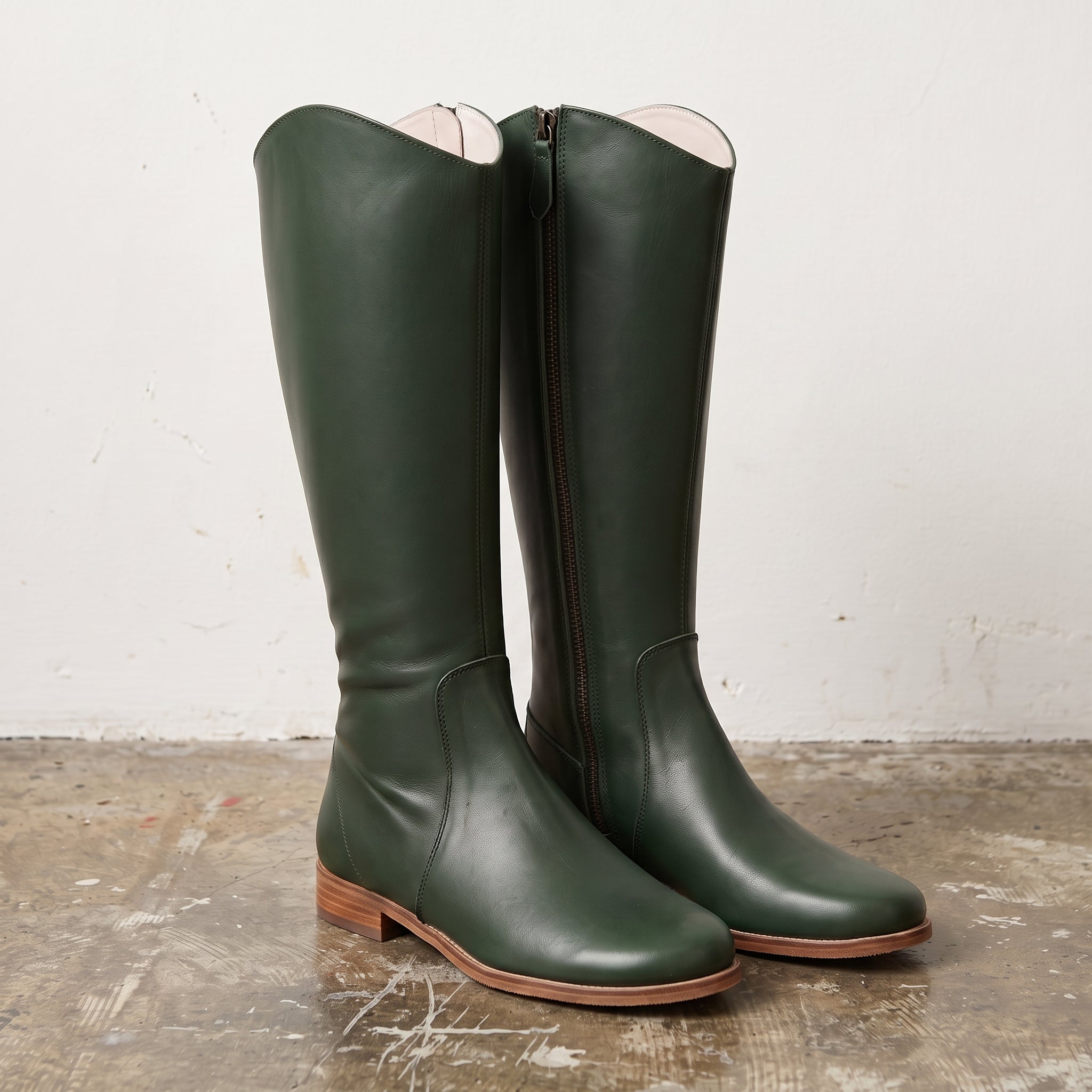 Women's Dark Green Plain-Toe Leather Knee-High Riding Boots — Harrison