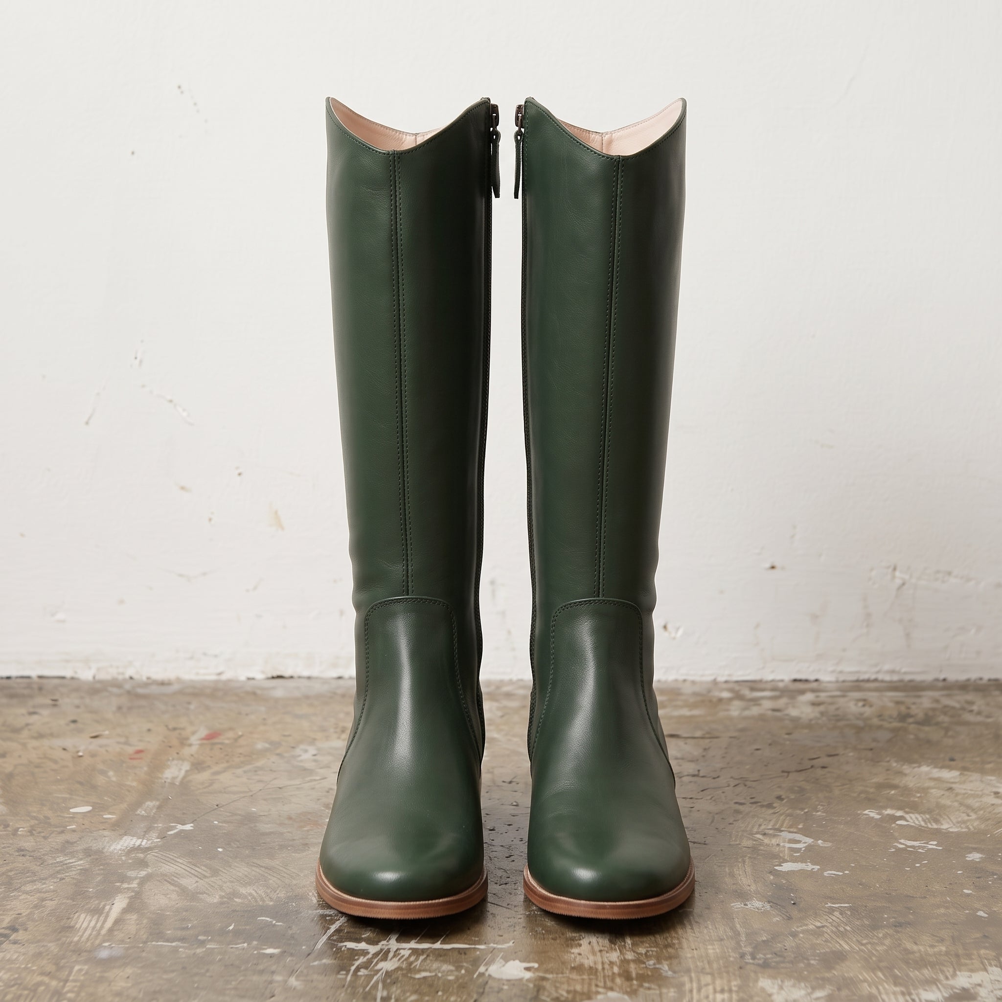 Women's Dark Green Plain-Toe Leather Knee-High Riding Boots — Harrison