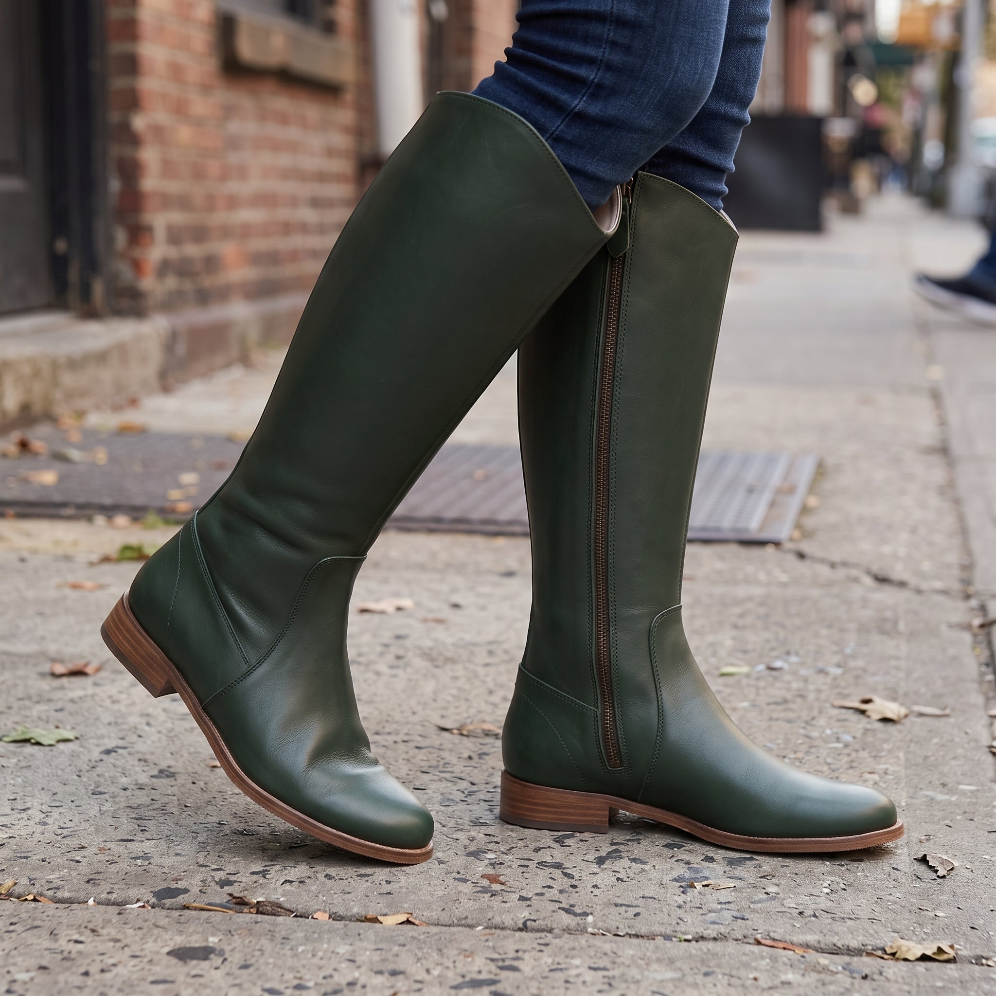 Women's Dark Green Plain-Toe Leather Knee-High Riding Boots — Harrison