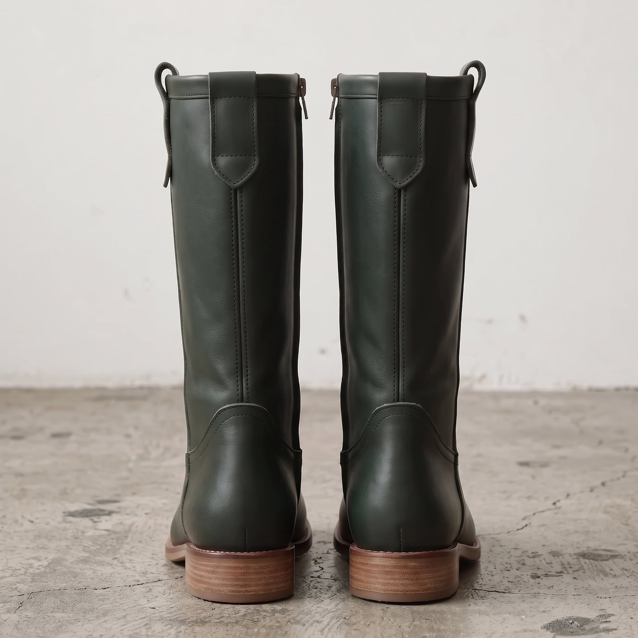Women's Dark Green Round-Toe Leather Knee-High Western Boots — Bolden