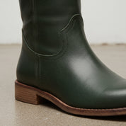 Women's Dark Green Round-Toe Leather Knee-High Western Boots — Bolden