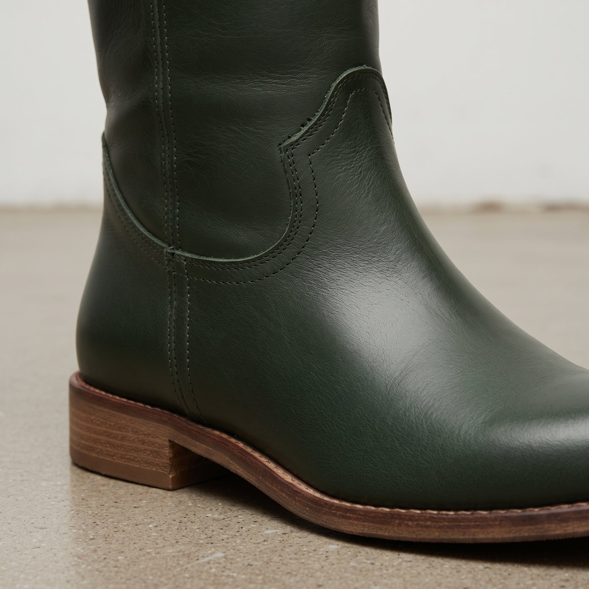 Women's Dark Green Round-Toe Leather Knee-High Western Boots — Bolden