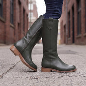 Women's Dark Green Round-Toe Leather Knee-High Western Boots — Bolden