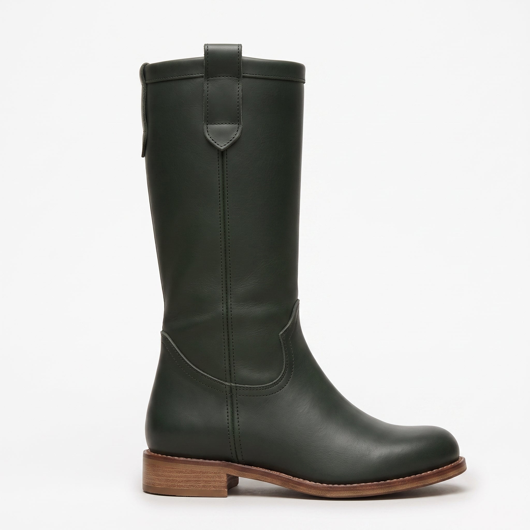 Women's Dark Green Round-Toe Leather Knee-High Western Boots — Bolden