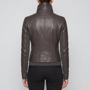 Women's Dark Grey Wide Collar Leather Biker Jacket — Harrogate