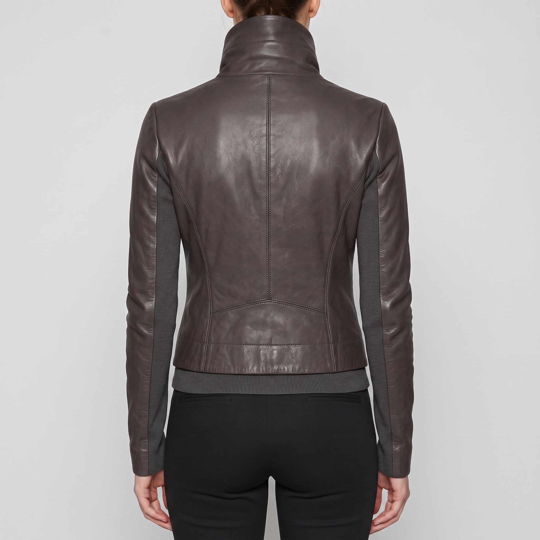 Women's Dark Grey Wide Collar Leather Biker Jacket — Harrogate