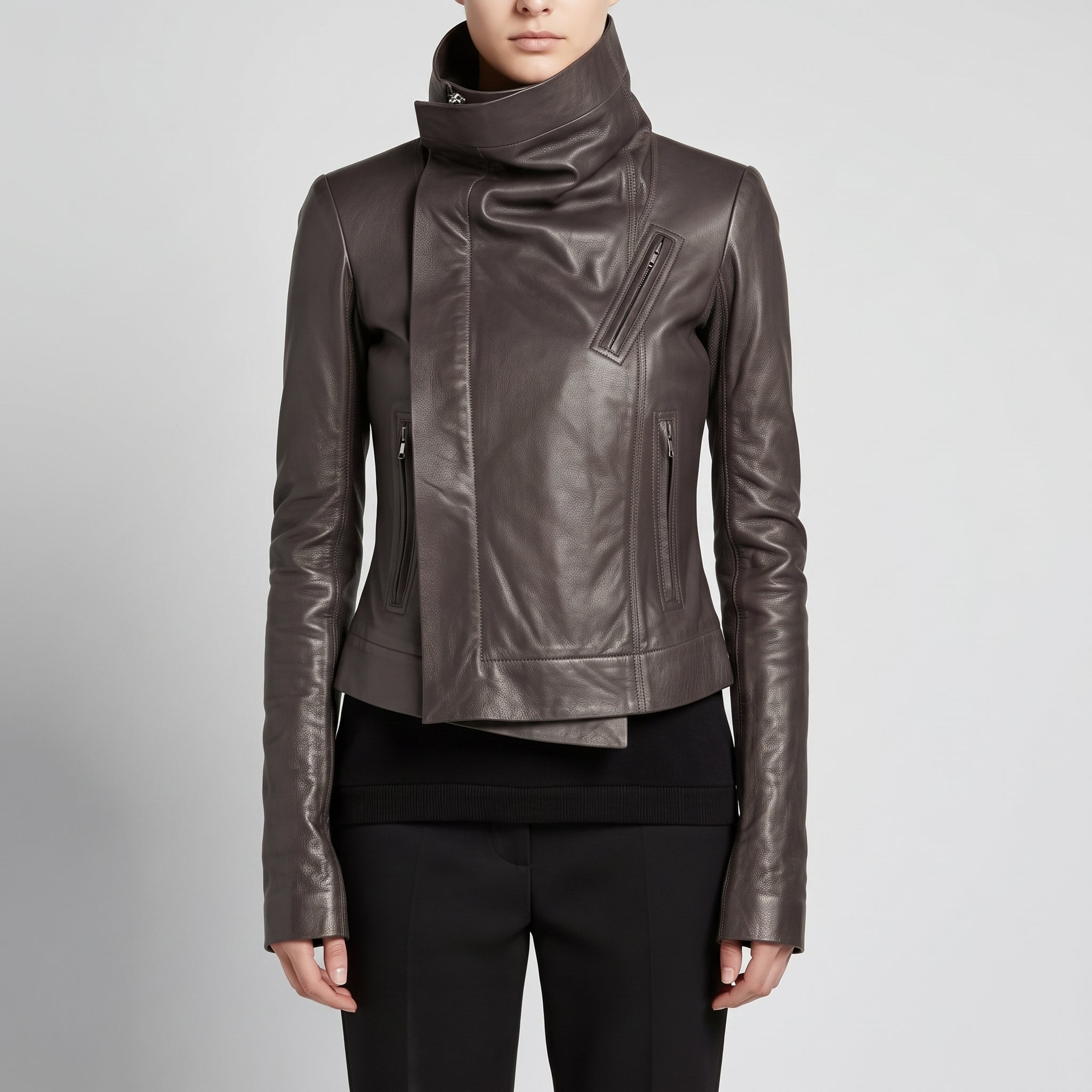 Women's Dark Grey Wide Collar Leather Biker Jacket — Harrogate