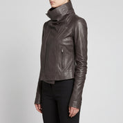 Women's Dark Grey Wide Collar Leather Biker Jacket — Harrogate