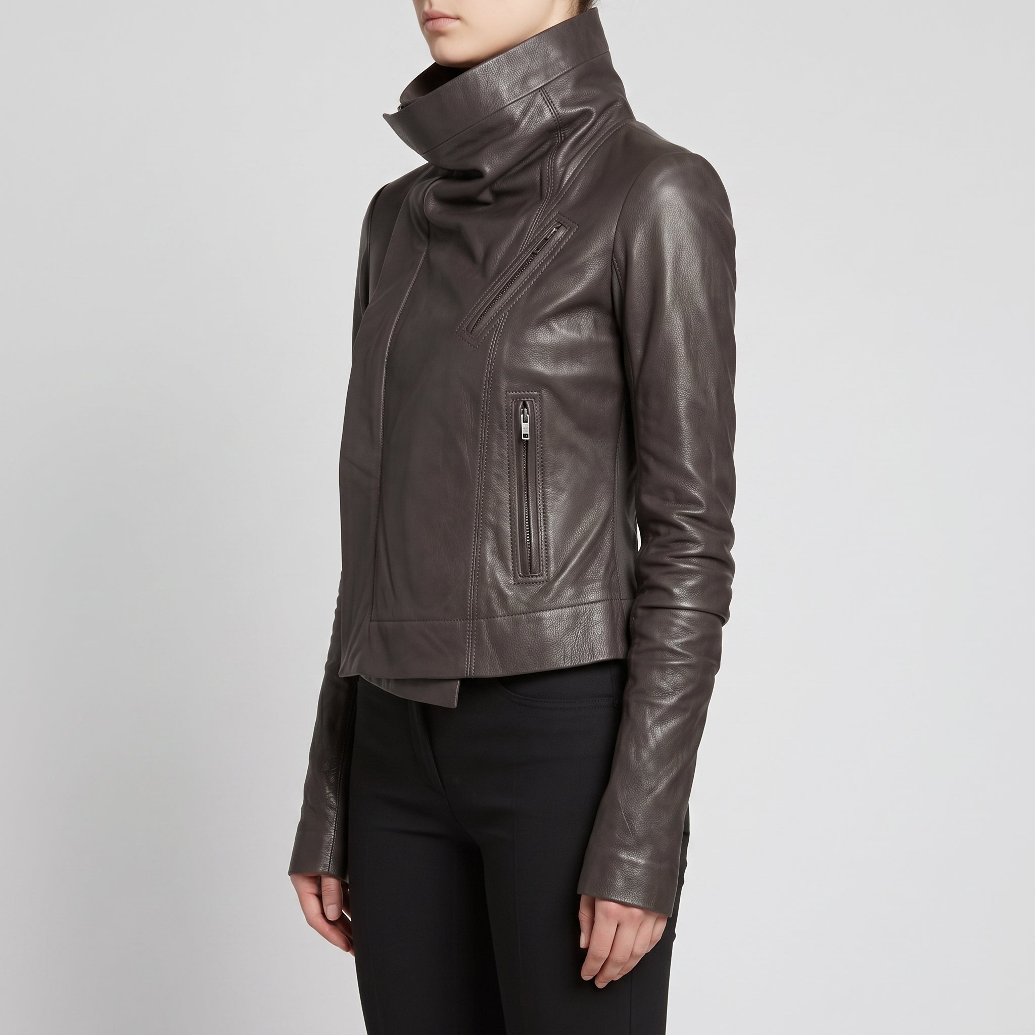 Women's Dark Grey Wide Collar Leather Biker Jacket — Harrogate