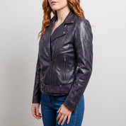 Women's Dark Purple-Blue Leather Biker Jacket — Frodsham