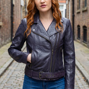 Women's Dark Purple-Blue Leather Biker Jacket — Frodsham
