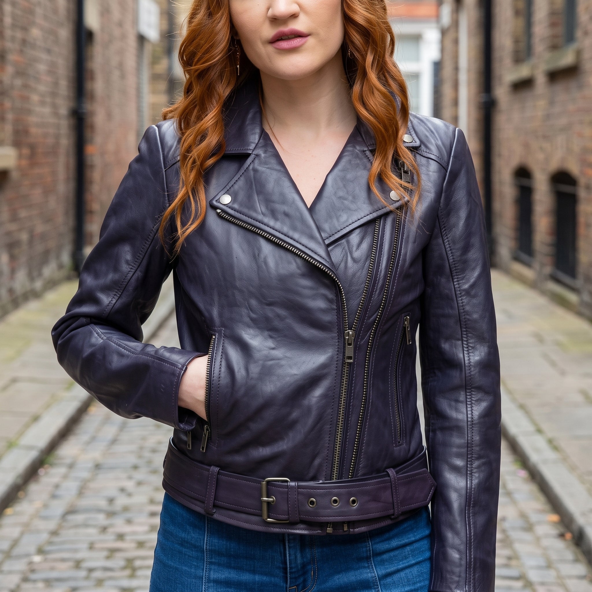 Women's Dark Purple-Blue Leather Biker Jacket — Frodsham