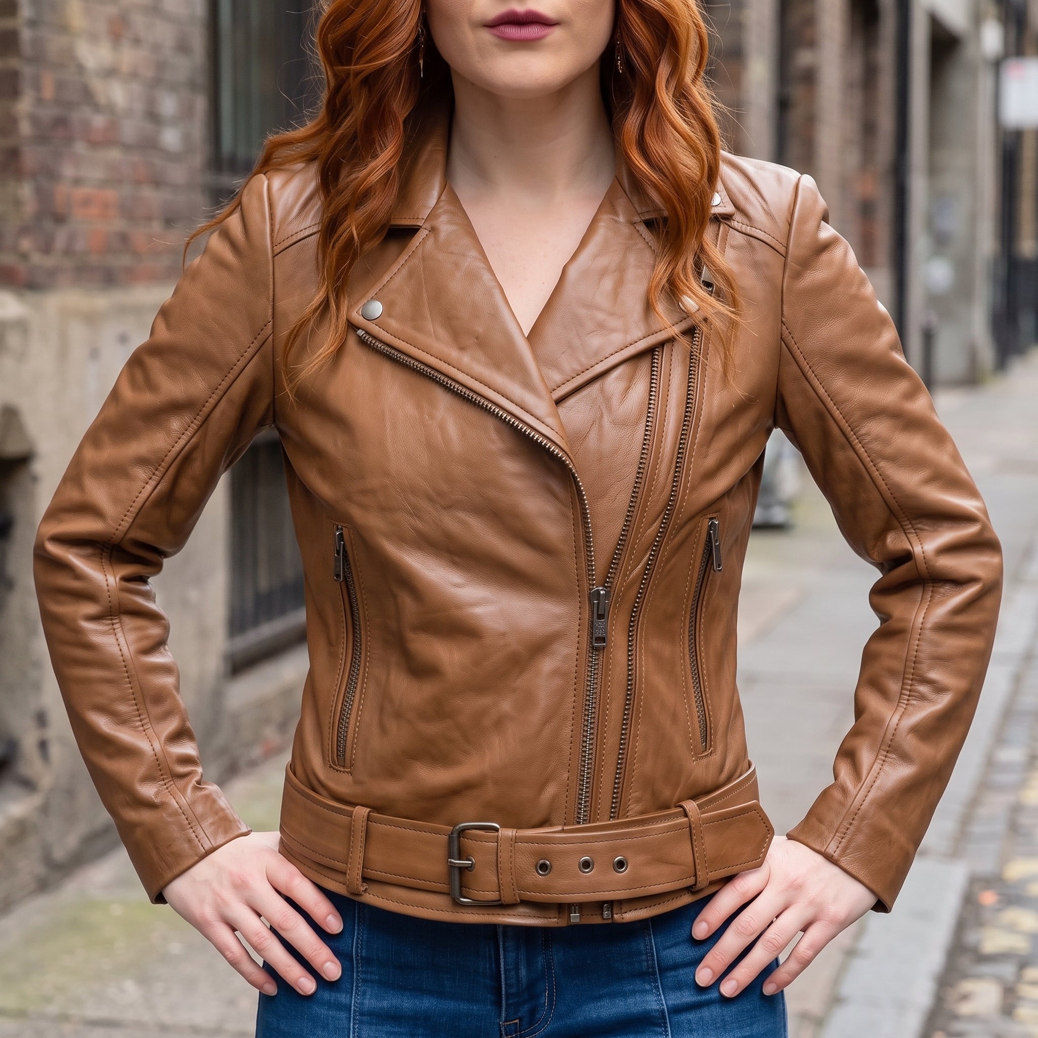 Women's Tan Leather Biker Jacket — Frodsham