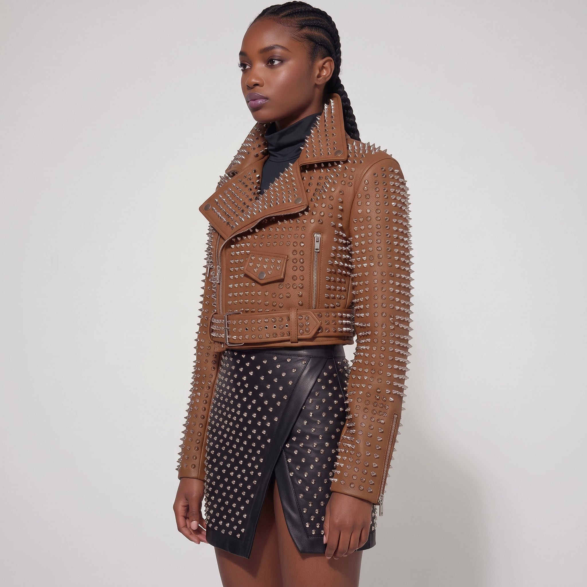 Women's Brown Studded Leather Biker Jacket — Tilton