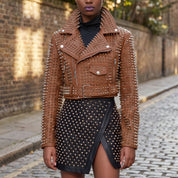 Women's Brown Studded Leather Biker Jacket — Tilton