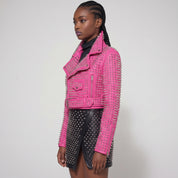 Women's Hot Pink Studded Leather Biker Jacket — Tilton
